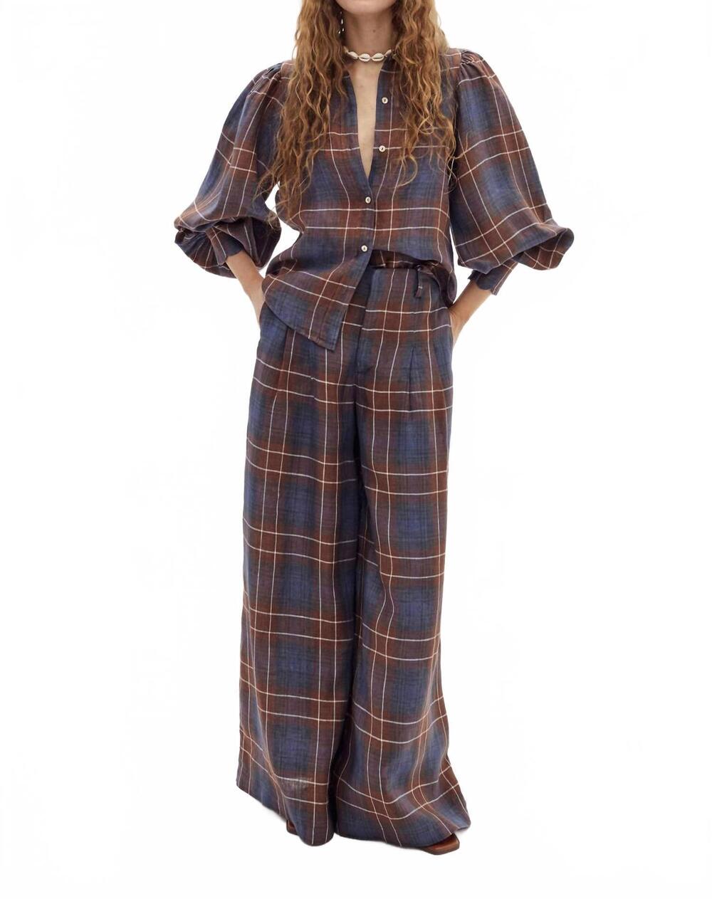 NEW LANHTROPY camille linen shirt and culotte pants set in forest checks